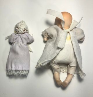 Vintage Miniature Porcelain Bisque Jointed Baby Dolls Gown Bonnet 4