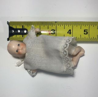 Vintage Miniature Porcelain Bisque Jointed Baby Dolls Gown Bonnet 5