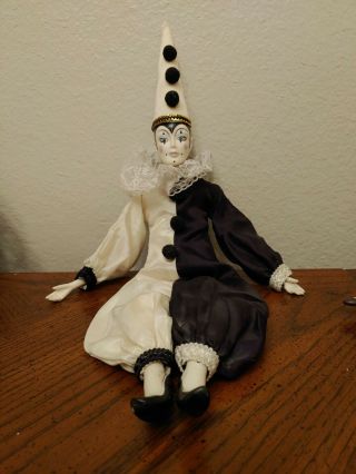 Vtg Pierrot Clown Porcelain Harlequin Jester Doll Figurine Black White