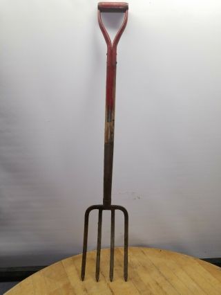 Vintage Craftsman 4 Prong Cast Iron Hay Pitch Fork Wooden Handle Country Decor