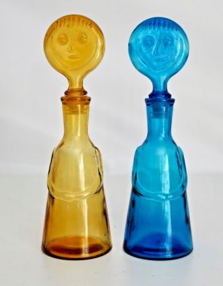 2 Hoglund Vtg Mid Century Modern Blue Glass Face Head Decanter Bottle Stopper