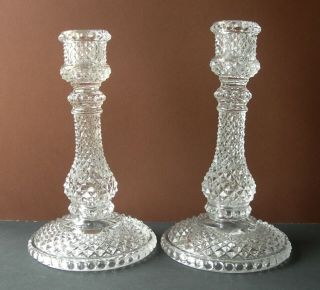 Quite Rare Antique Pair 7 " Baccarat Pressed Glass Diamond Point Candlesticks