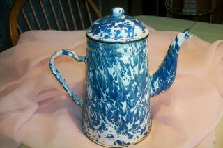 Antique Blue & White Swirl Graniteware Enamel Coffee Pot 8 1/2 " Tall.