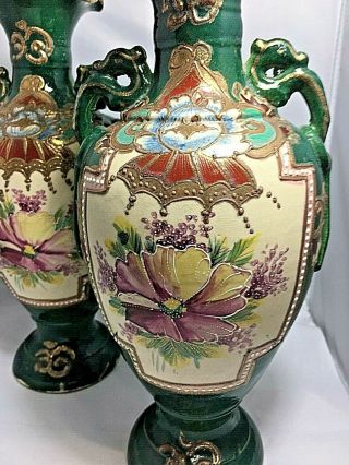 Antique Nippon Japanese Victorian Satsuma Pair Mantle Vases Moriage 2