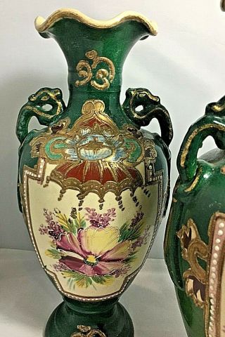 Antique Nippon Japanese Victorian Satsuma Pair Mantle Vases Moriage 3
