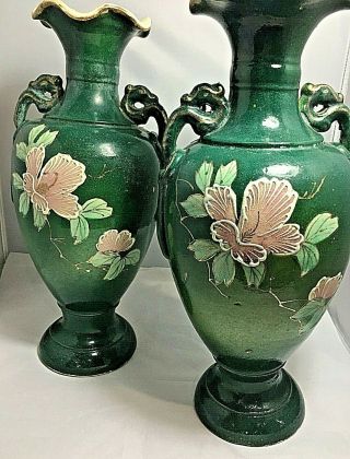 Antique Nippon Japanese Victorian Satsuma Pair Mantle Vases Moriage 5