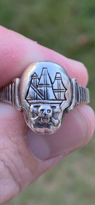 Vintage Men Pirate Ship Skull And Crossbones Sterling Antique Signet Biker Ring