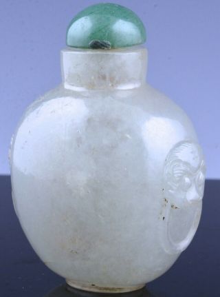 Fine 19thc Chinese Qing Icy White Jade Jadeite Stone Mask Handle Snuff Bottle