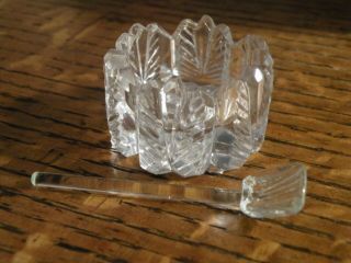 Antique Cut Crystal Open Salt Cellar Square With Spoon
