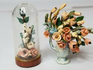 2 Vtg.  Miniature Dollhouse Artisan 1:12 Tall Pewter Vase Flowers Roses Cloche