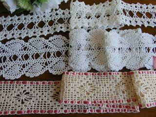 3 X Vintage Hand Crocheted Cotton Lace Wide Trims Edgings Inserts (a)