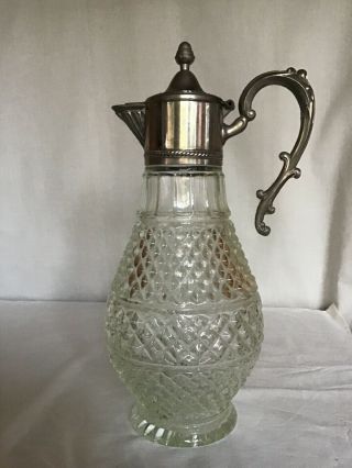 Tall Vintage Silver Plate & Cut Glass Wine Claret Decanter Pitcher Made In Italy