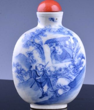 Very Fine 19thc Chinese Blue White Scenic Porcelain Snuff Bottle Yongzheng Mark