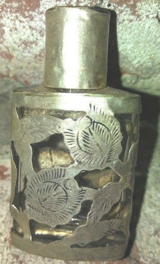 Floral 925 Sterling Silver And Glass Mini Perfume Bottle Made In Mexico