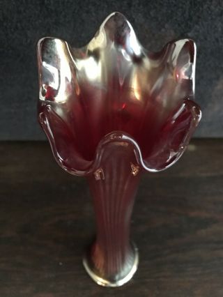 RARE ANTIQUE FENTON CARNIVAL GLASS IRIDESCENT RUBY RED RIBBED VASE 3