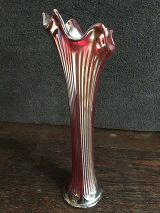 RARE ANTIQUE FENTON CARNIVAL GLASS IRIDESCENT RUBY RED RIBBED VASE 5