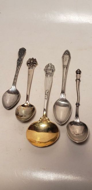 5 Antique Sterling Silver Spoons - Miniature - 3.  5 In - 1.  7 Ozt - Nr