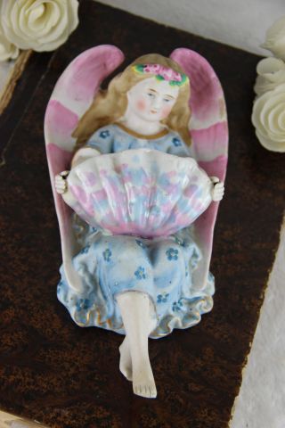 Antique French 1900 Holy Water Font Porcelain Bisque Angel Religious Soft Pastel