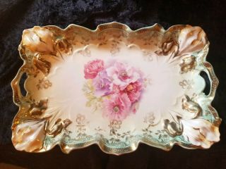 Antique R.  S.  Prussia Floral Handled Vanity Tray
