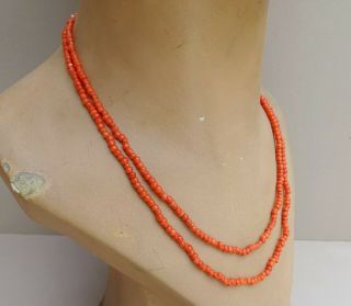 Antique Edwardian Natural Coral Bead Necklace Double Strand 19 Inches Long
