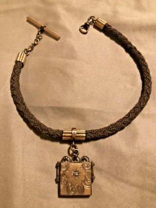 Lovely Antique Victorian Mourning Hair Watch Fob With Jewels Tin Type Locket