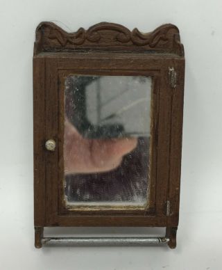 Vintage Dollhouse Miniature Wood Medicine Cabinet With Mirror & Towel Rack
