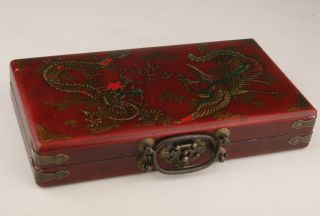 Vintage Chinese Red Leather Jewelry Box Painting Dragon Phoenix Abacus Gift