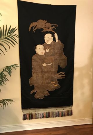 19th Century 6 Foot Antique Asian Silk Tapestry With Gold And Metallic Threads