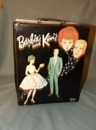 1963 Black Vinyl Barbie & Ken Double Doll Case With Dolls