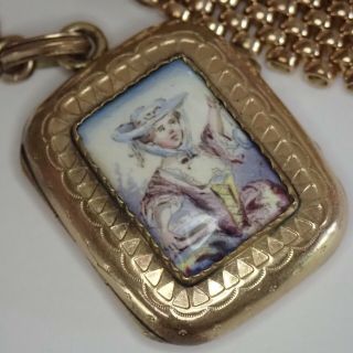 Antique Victorian Gold Filled Enamel Lady Portrait Locket Fancy Chain Necklace