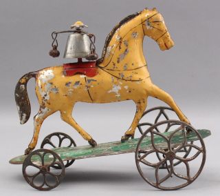 19thc Antique Althof Bergmann Painted Tin Horse,  American Bell Pull Toy