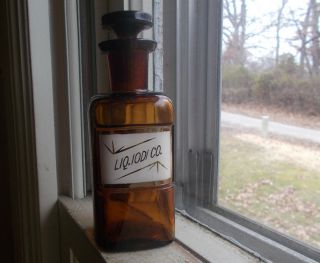 1890 Label Under Glass Liq.  Iodi Co Amber Apothecary Drugstore Bottle & Stopper