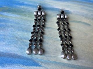 Vintage 925 Marked Sterling Silver Pearl And Black Onyx Long Dangle Earrings