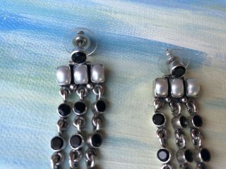Vintage 925 Marked Sterling Silver Pearl And Black Onyx Long Dangle Earrings 3
