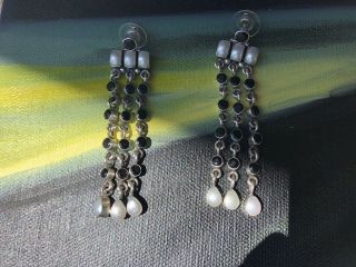 Vintage 925 Marked Sterling Silver Pearl And Black Onyx Long Dangle Earrings 5