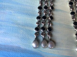 Vintage 925 Marked Sterling Silver Pearl And Black Onyx Long Dangle Earrings 7