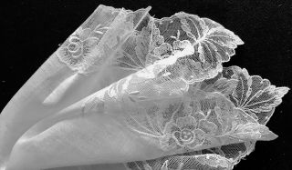 Old Vintage White Delicate Tambour Lace Wide Trim Bridal Handkerchief 12 " Sq