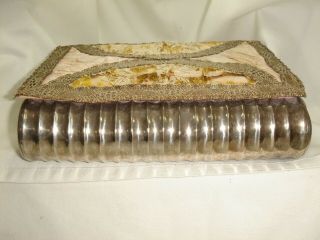 An Unusual Antique Heavily Silver Plated Book/Trinket Box with Wood & Cloth Lid 4