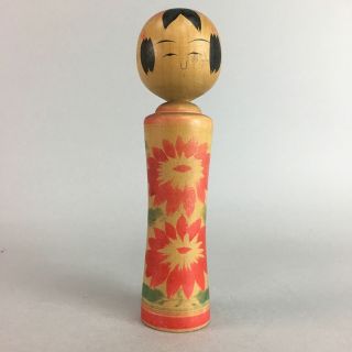 Japanese Kokeshi Doll Vtg Wood Carving Figurine Kimono Girl Red Floral Kf143