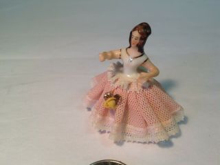 Vintage Mini Dresden Dancing Lady In Pink Lace Gown,  No Cracks
