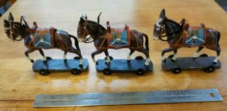 3 Antique German Pull Toy Donkey On Rolling Platform Wheels.  Steiff?