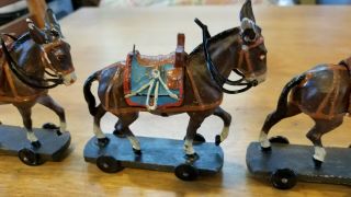 3 Antique German Pull Toy Donkey on rolling platform wheels.  Steiff? 7