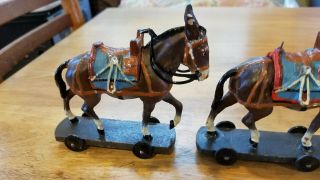 3 Antique German Pull Toy Donkey on rolling platform wheels.  Steiff? 8