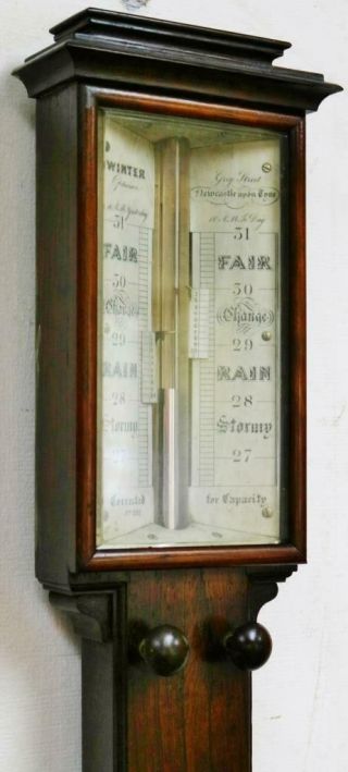 Antique English Solid Oak Stick Wall Barometer & Thermometer,  G.  Fleet Newcastle