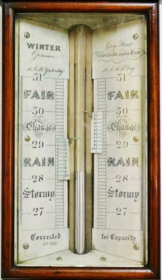 Antique English Solid Oak Stick Wall Barometer & Thermometer,  G.  Fleet Newcastle 5