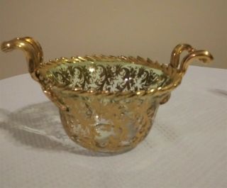 Antique Moser Two Handle Gold Clear Glass Dish/basket With Heavy Gold Decoration