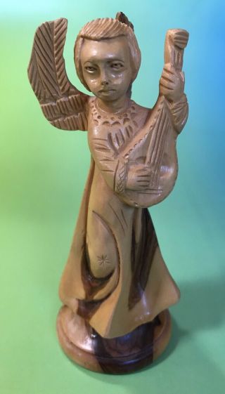 Carved Wood Angel Playing Violin Musician Wooden Folk Art Statue Figurine