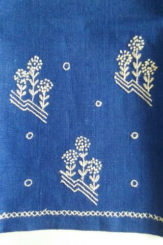 Vintage 20 " Blue Linen Tea Towel Hand Embroidered White Floral Design