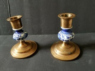 4 Inch Brass/copper Candlestick Holders Vintage Antique Porcelain Blue