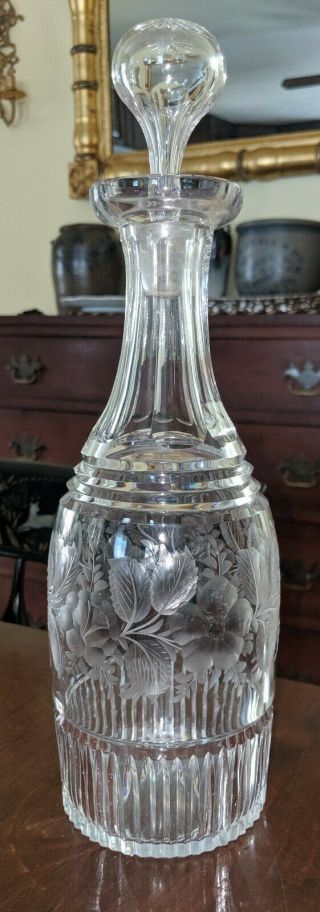 Antique Engraved & Cut Glass Decanter Czechoslovakia Floral Intaglio Crystal